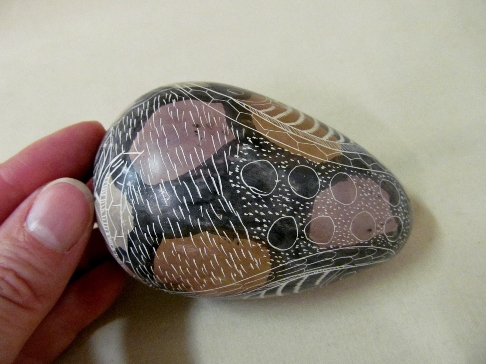 Hand Carved Etched Painted Decorative Stone Egg Native Fish Design Earth Colors