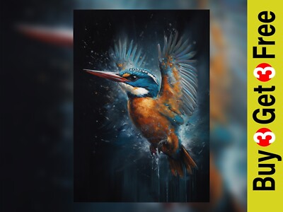 Exquisite 7''x5'' Oil Painting Print, Kingfisher in Flight, Dark blue and orange