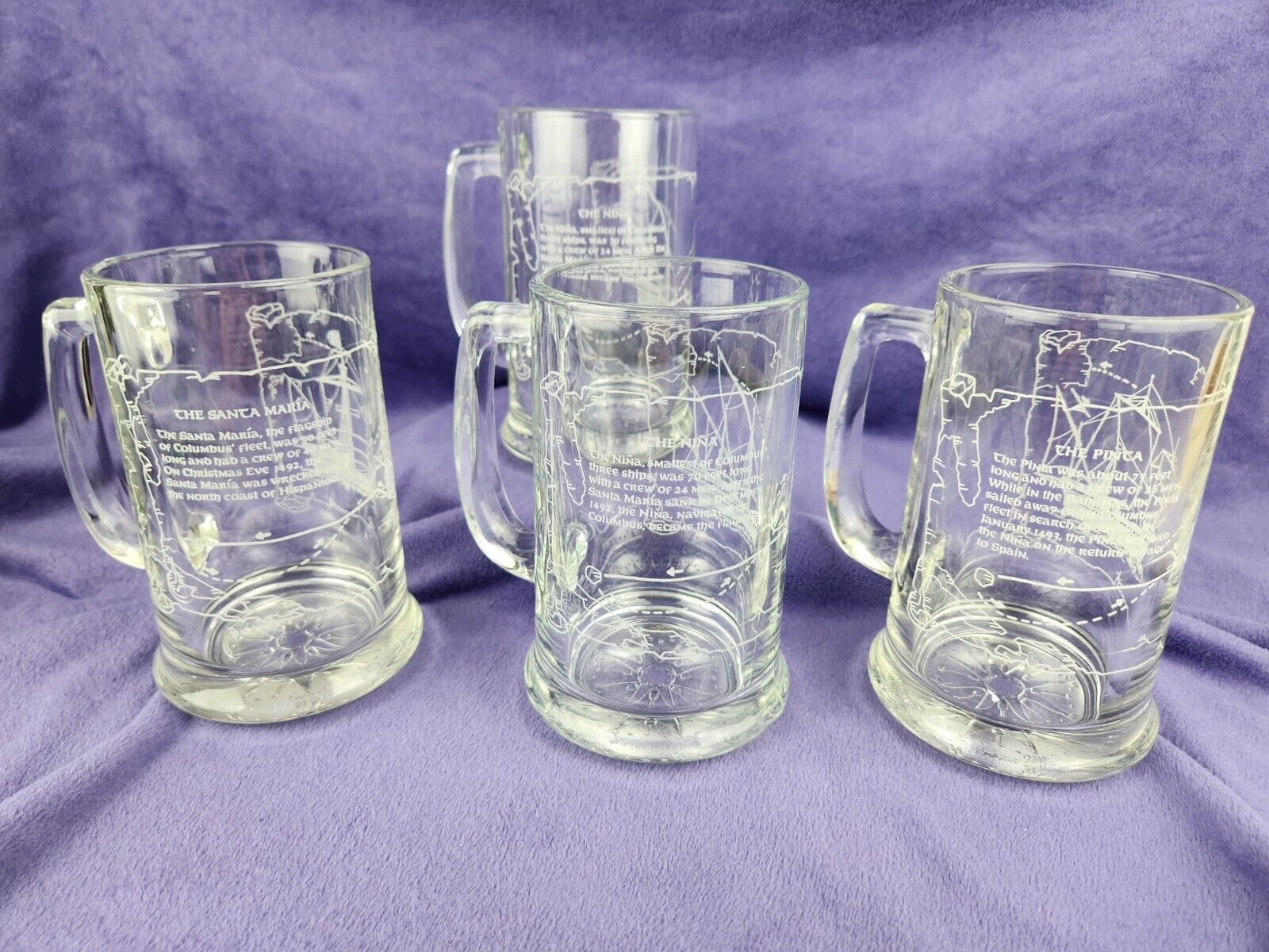 4 Columbus Voyage Ship Glass Mugs, 500TH Anniv, Colombus 4 Columbus Voyage Ship Glass Mugs, 500TH Anniv, Colombus