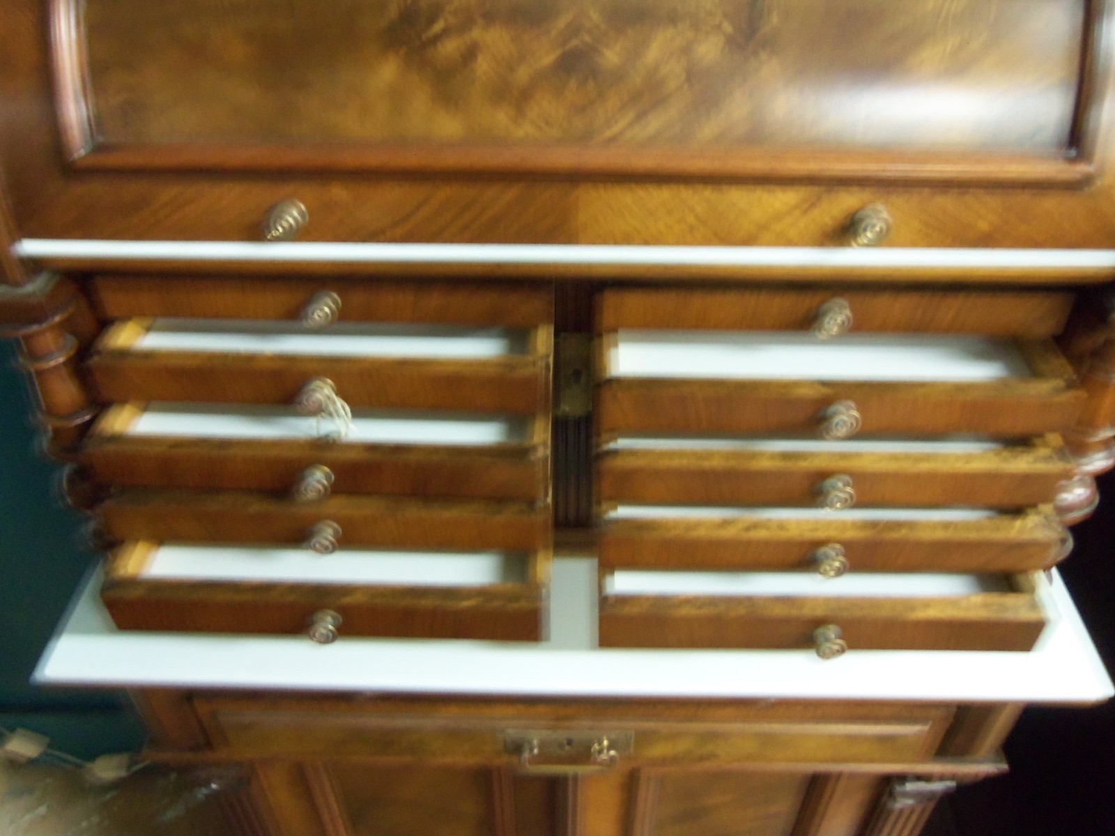 Antique Dental Cabinet Walnut Burlwood Glass lined  Drawers