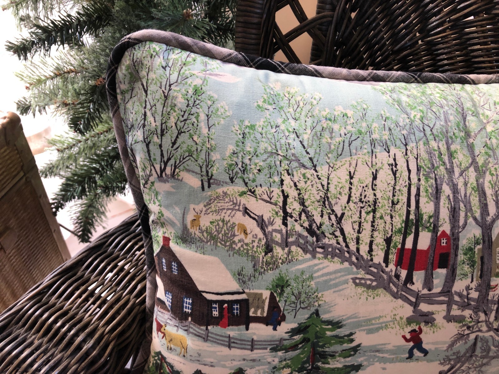 Grandma Moses fabric,  Custom pillow, Plaid piping,  Springtime on the Farm,