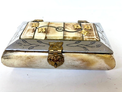 Vintage Camel Bone & BrassHanged Trinket Jewelry Box Brass Silver Hardware Lined