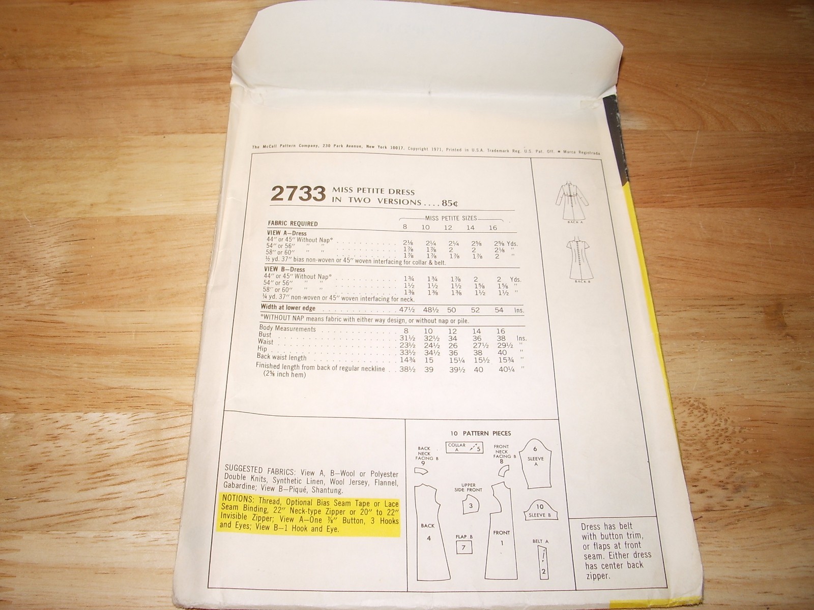 Vintage McCalls FF Pattern 2733 Miss Petite Dress Two Versions Sz 14 Bust 36