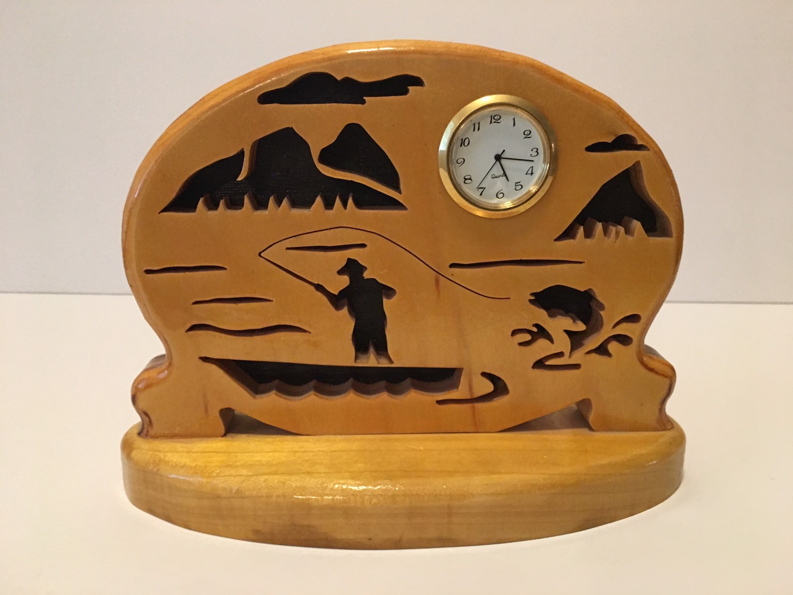 Wooden Handcrafted Fly Fishing Scene Mantle/Desktop Clock