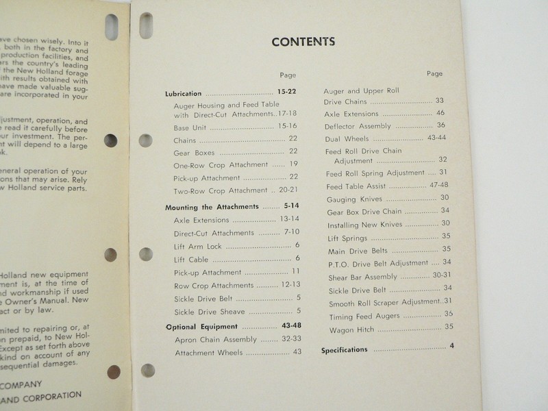 VTG New Holland 818 Forage Harvester Owners Manual Maintenance Adjustments 1961