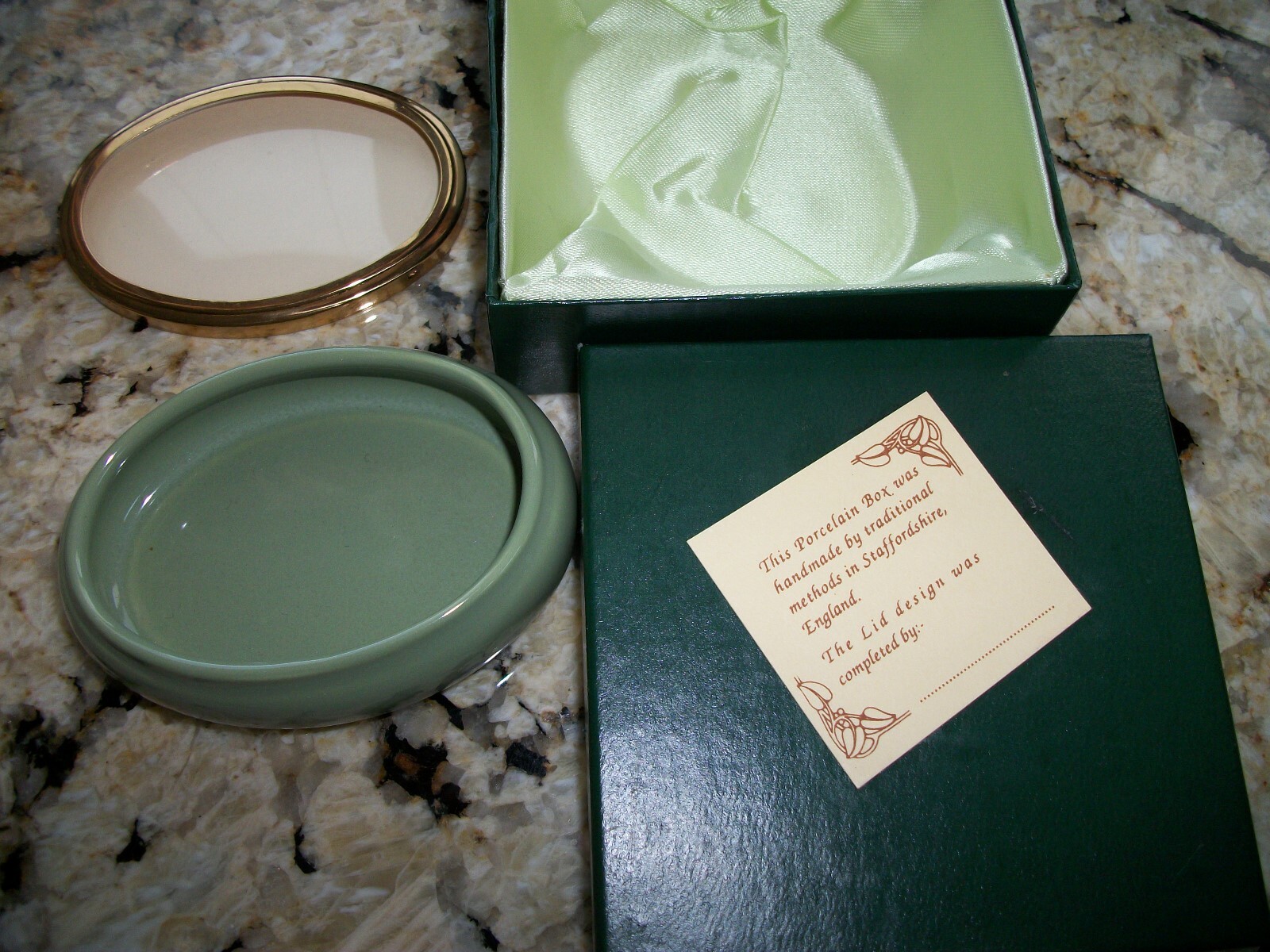 Porcelain Oval Miniature Green Box With Gold Color Ban Lid for Your Stitchery