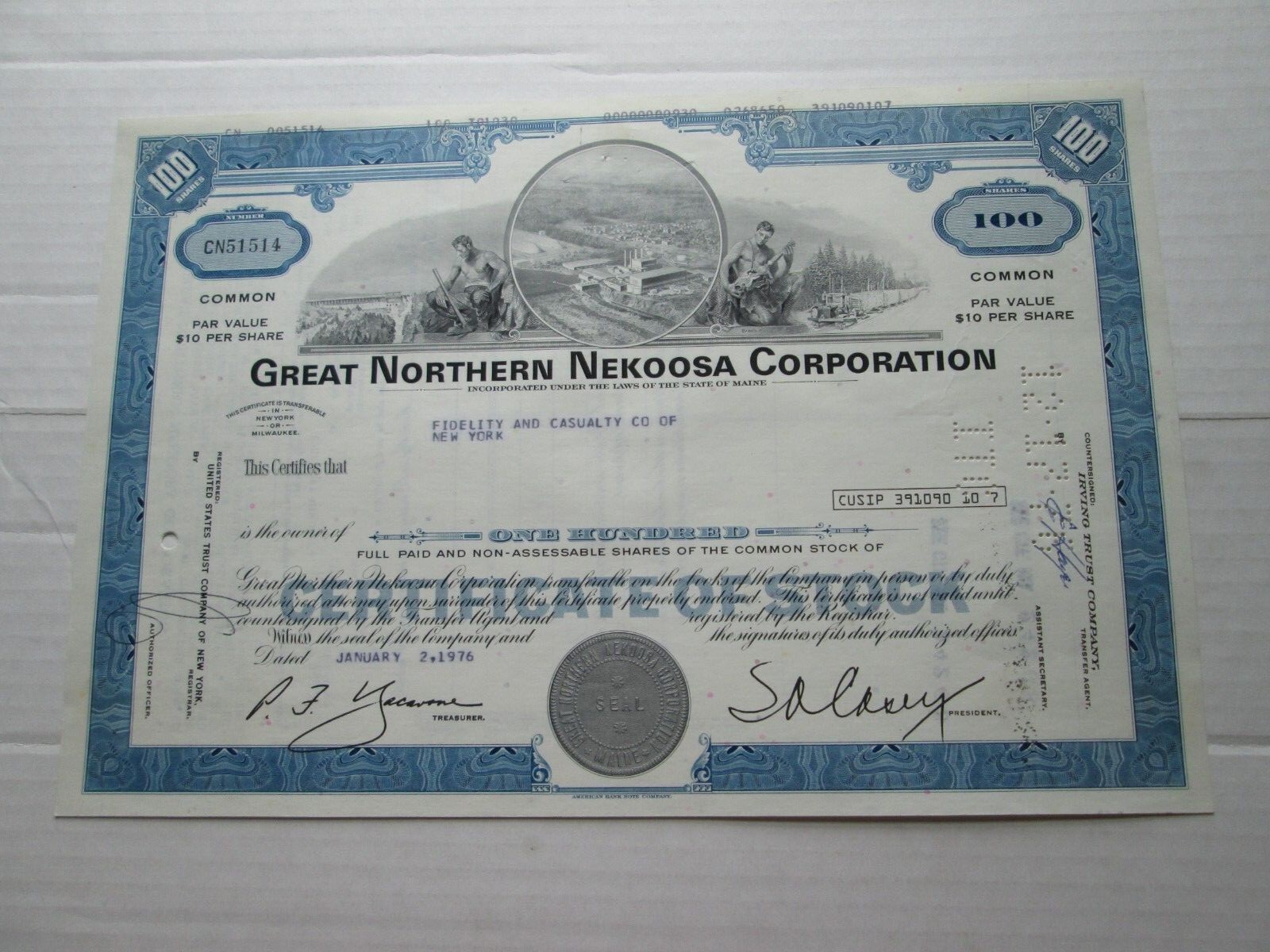 1) JAN. 2 1976 GREAT NORTHERN NEKOOSA CORP. STOCK CERT. 100 1) JAN. 2 1976 GREAT NORTHERN NEKOOSA CORP. STOCK CERT. 100