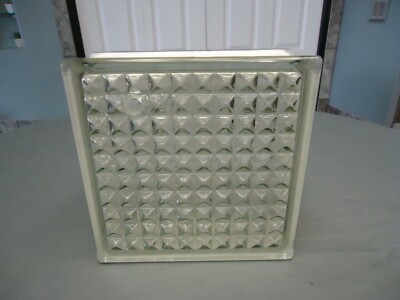 GLASS BLOCK 7'' 3/4 X 7'' 3/4 X 3'' 1/8 WITH SMALL SQUARE DESIGN HAS A 3/8 HOLE ^