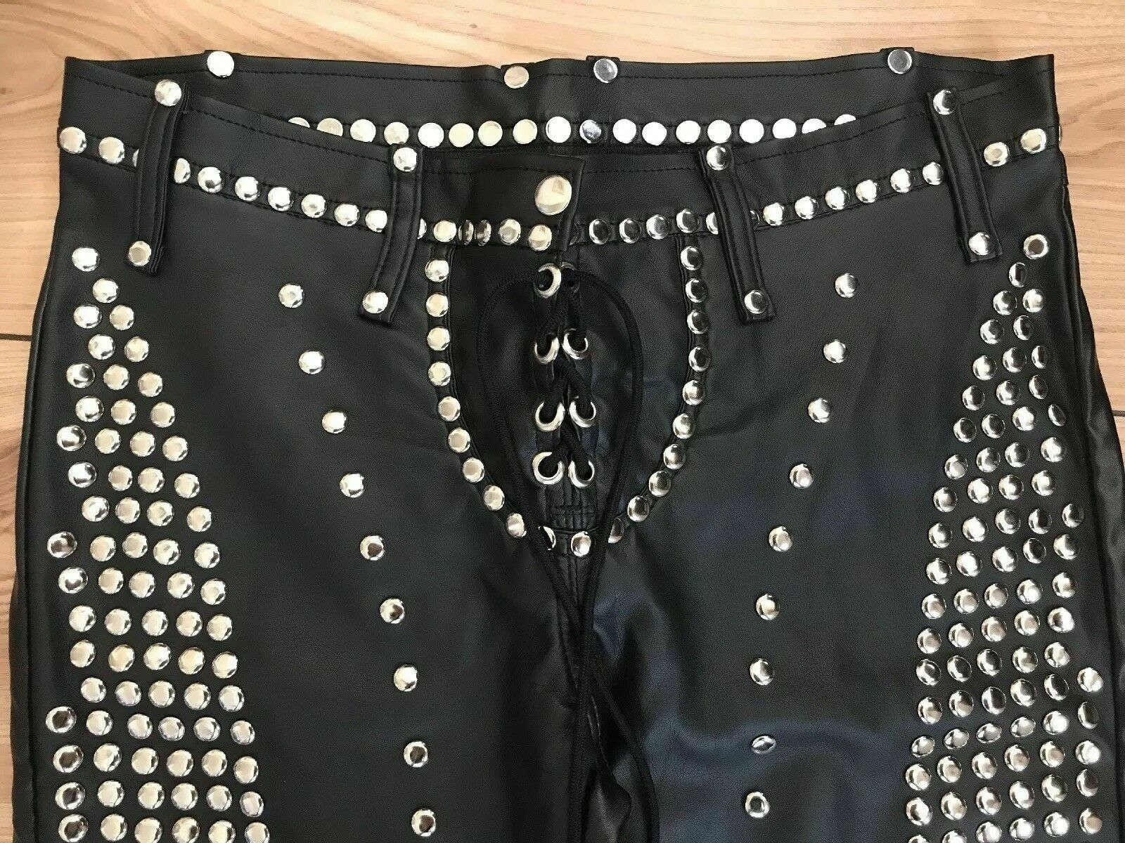Pre-owned Handmade Women Designer Bespoke Studded Gothic Punk Rock Italian Leather Pants 02 In Black