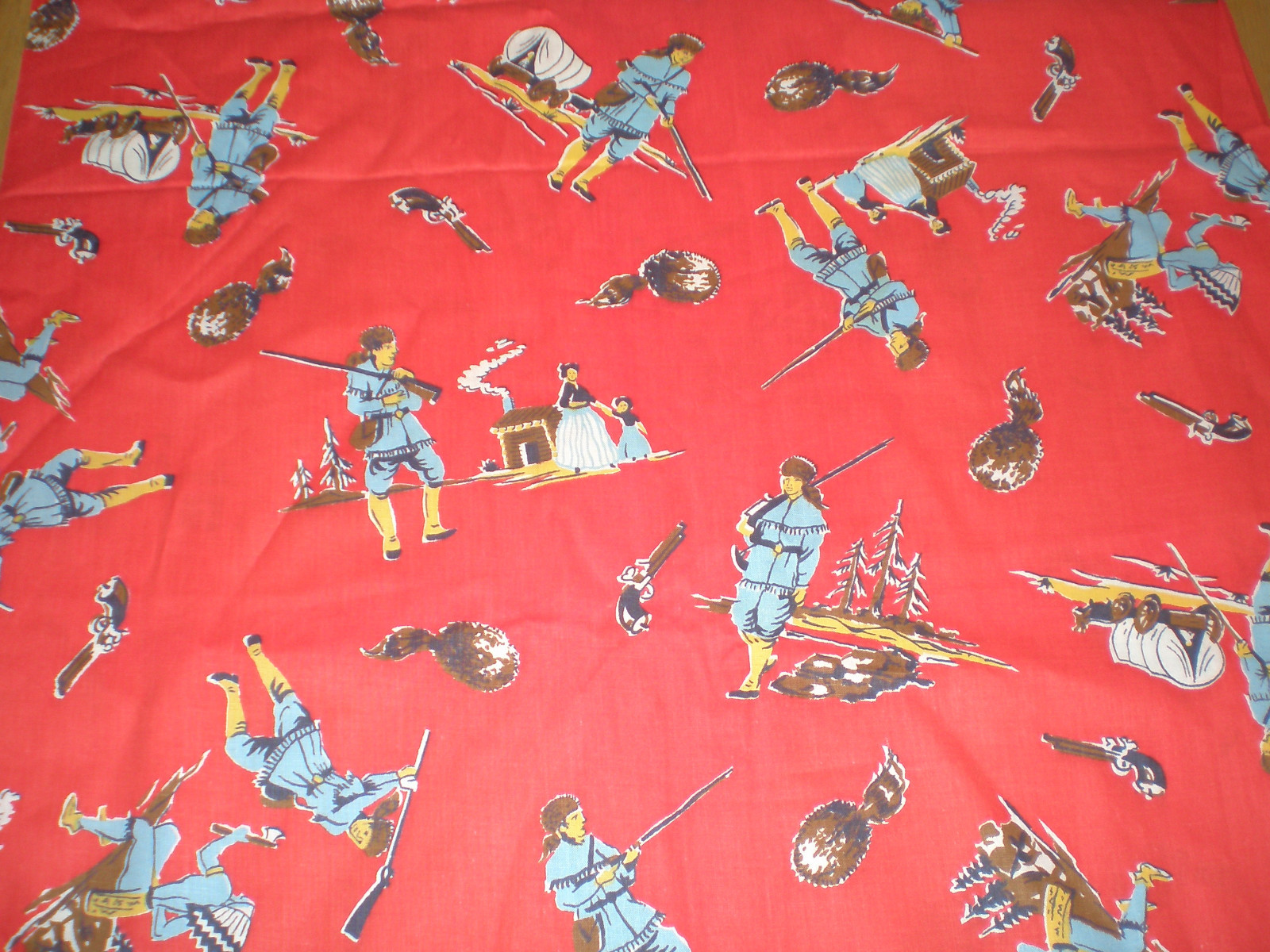 Vintage FABRIC Pioneers Western Cowboys, Indians, Coonskin Hat ~ Fat Quarter