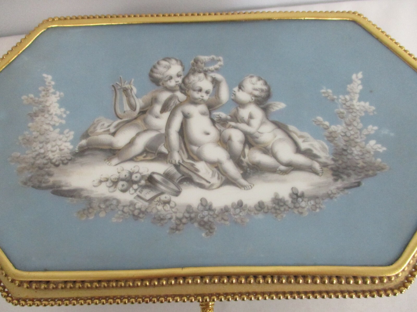 ANTIQUE FRENCH SIRAUDIN BLUE PORCELAIN BRONZE BOX with HAND PAINTED CHERUBS