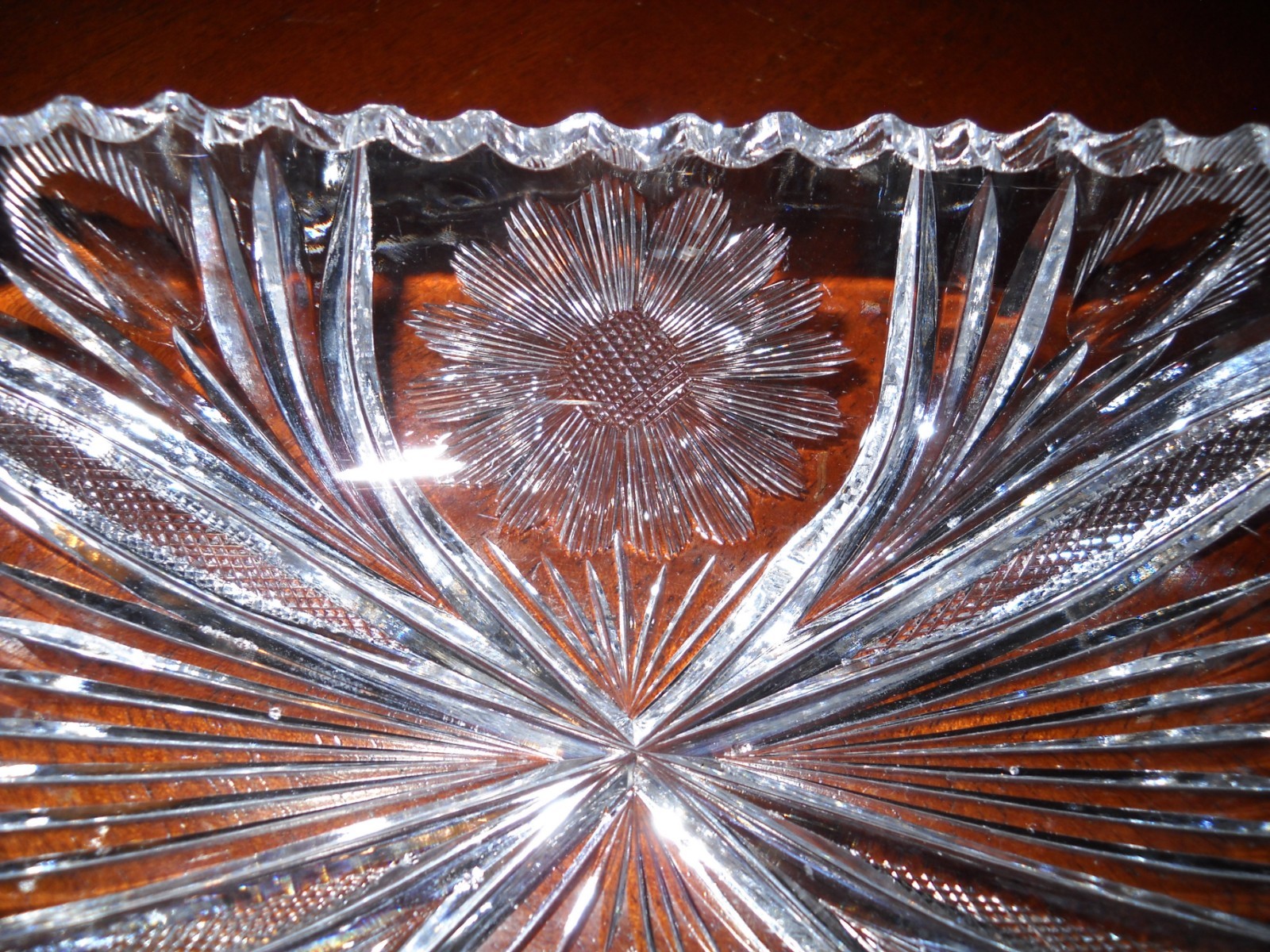 Cut Glass Relish Dish Sunflower Pattern Saw Tooth Rim