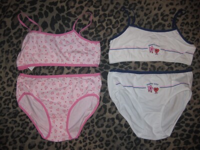 Shein tween girls 2pk bralette & panties sets pink heart print/white happy day