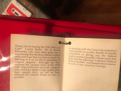 Collector's edition Old Tyme Coca-Cola cooler AM/FM radio model OTR 1949 w/book