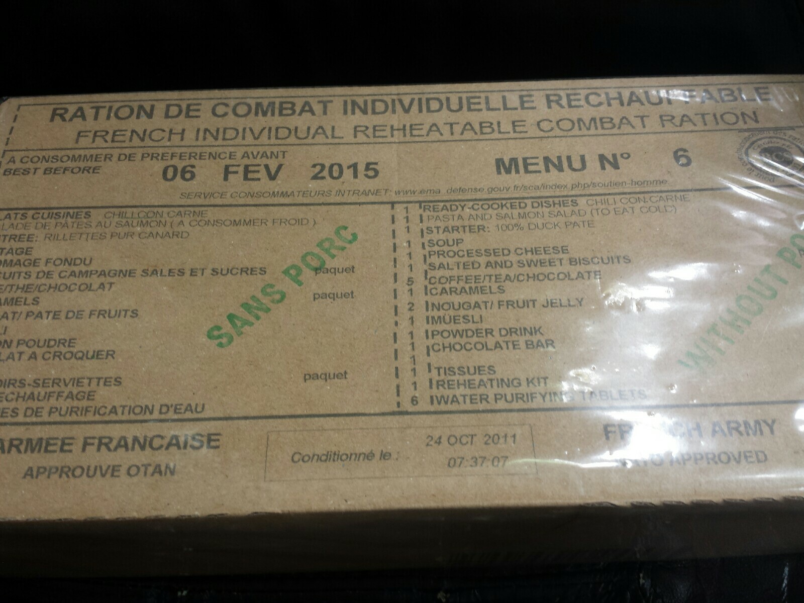 FRANZ. RCIR 24h RATION DE COMBAT MRE BW EPA ARMY FOOD