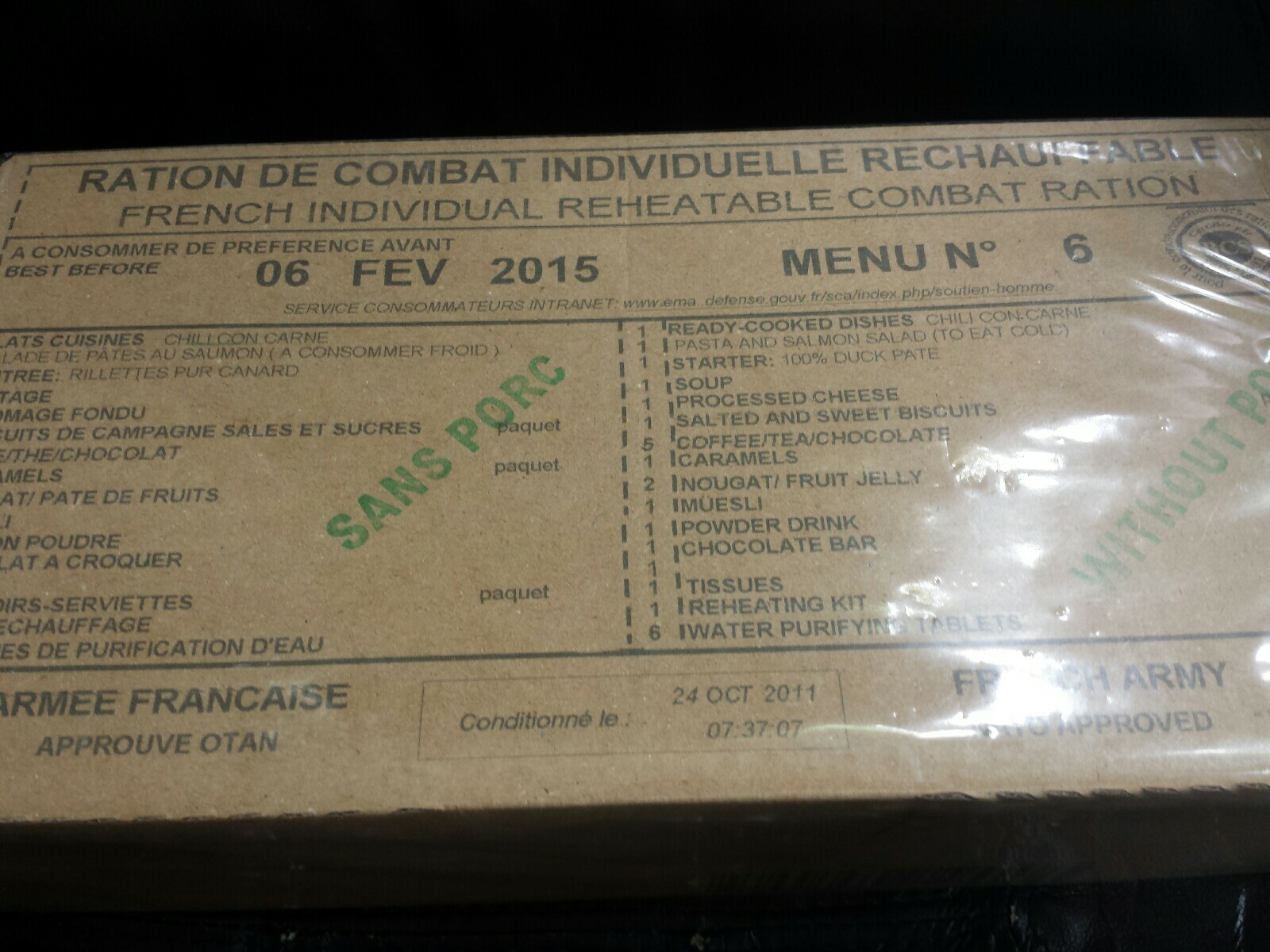 FRANZ. RCIR 24h RATION DE COMBAT MRE BW EPA ARMY FOOD FRANKREICH ARMEE NOTRATION