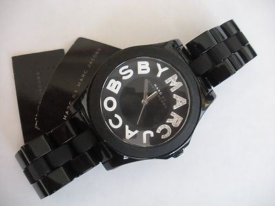 New Marc Jacobs Black Acrylic Swarovski Crystal Logo Rivera Watch MBM8565 Rare 