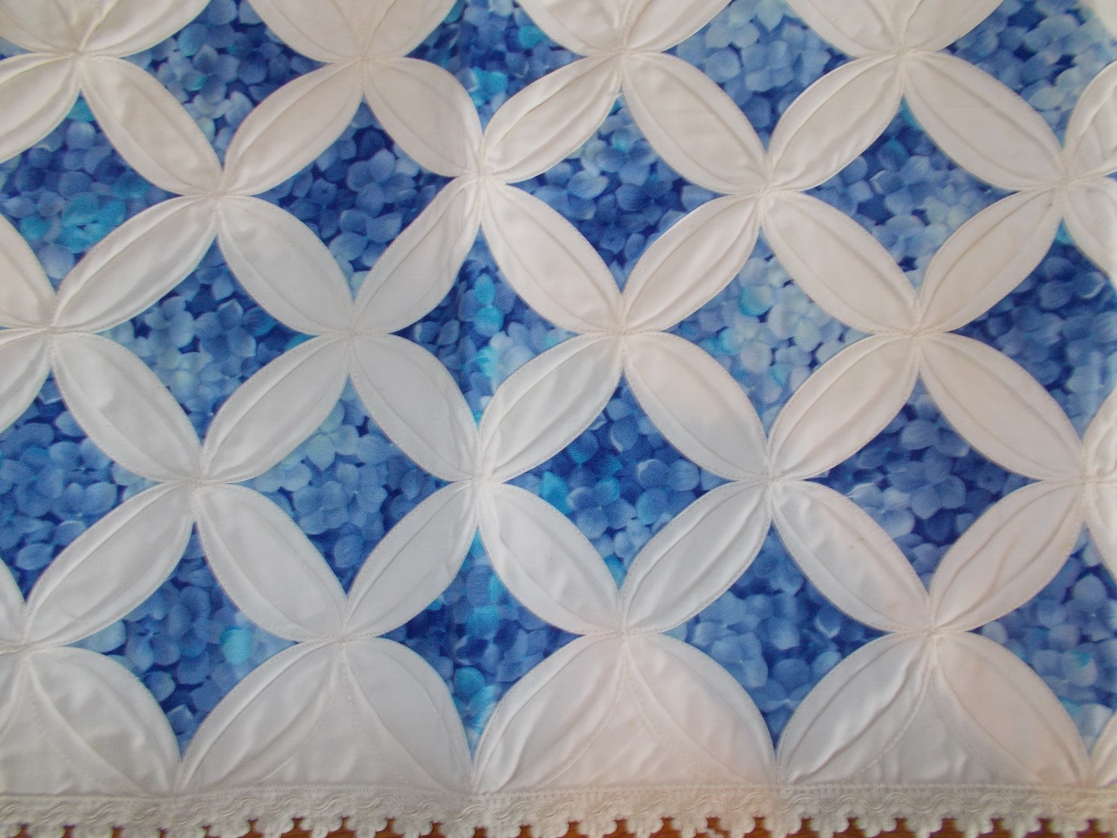 Handmade Quilted Blue & Ivory Table Runner, Double Wedding Ring? With Lace
