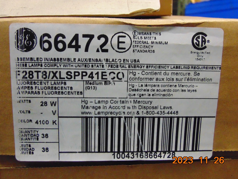 GE 66472 (18 Cases) Ecolux Cool White T8 Fluorescent 48 Inch Tube 28 Watt *648*