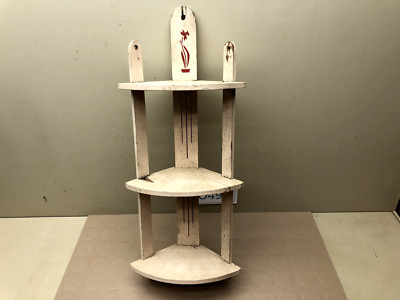 Vintage Wood Corner Shelf 3 Tier Wall Mount MCM - Farm House White/Red