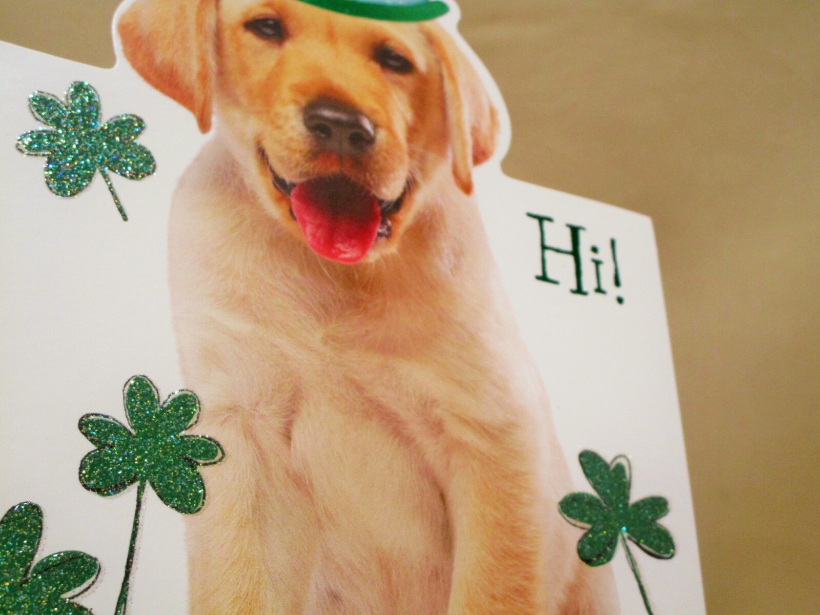St. Patrick's Day Card DOG Lab in GREEN HAT-SHAMROCKS-GLITTER American Greetings