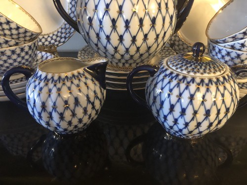 New Russian Imperial Lomonosov Porcelain Tea Set 6/21 Cobalt Net