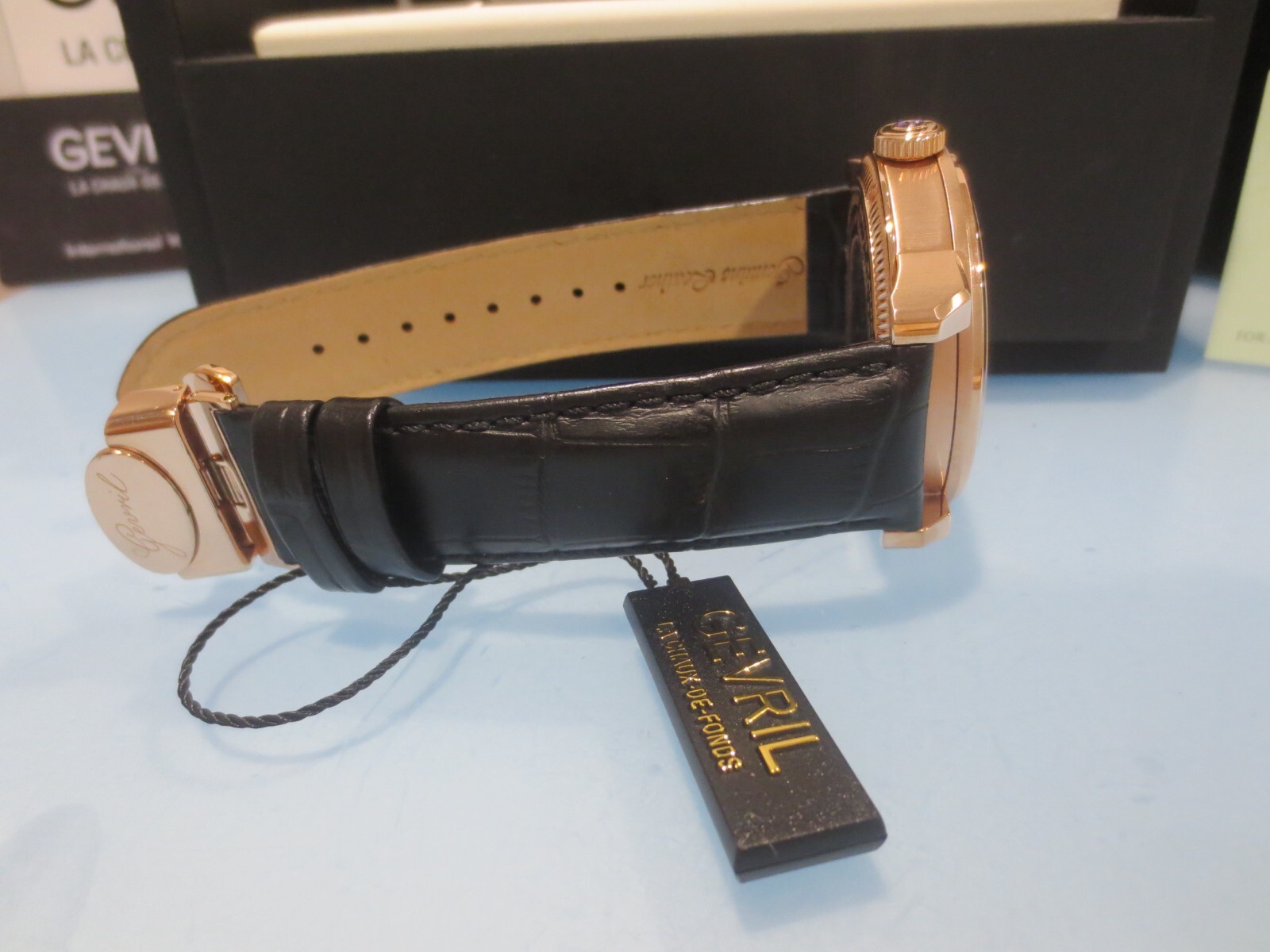 Pre-owned Gevril Men's 2694 Vanderbilt Swiss Automatic Rose Gold Open Heart Leather Watch