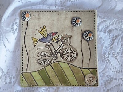 Bird on a Bicycle Unique Pottery Tile
