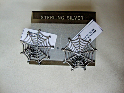 VINTAGE OPENWORK 3D SPIDER ON WEB STERLING SILVER STAMP 925 POST STUD EARRINGS