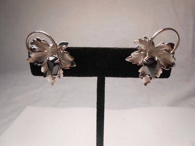 Sterling Clip on Earrings Leaf Shape with Black Onyx Stone Signed EA in an Arrow