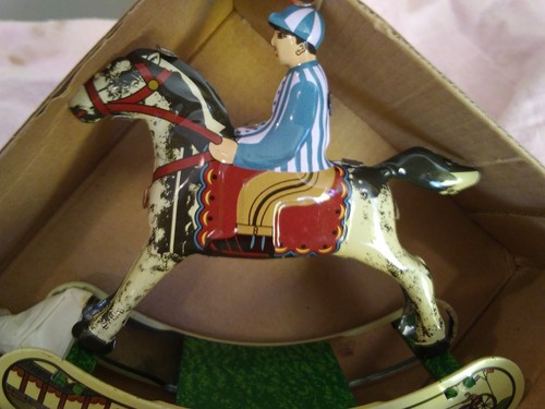 NRFB Tin Toy Reproduction Rocking Horse And Jockey