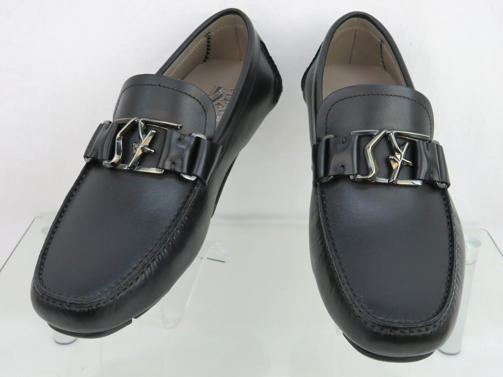Pre-owned Ferragamo Peter Black Leather Sf Logo Buckle Moccasin Driving Loafers Us 10 D