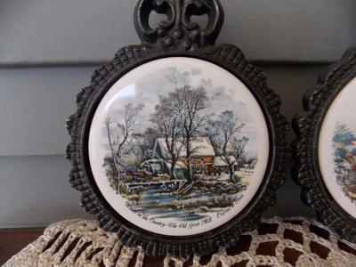 Set of 3 Vintage Currier & Ives Trivets: 2-American Homestead & Old Grist Mill