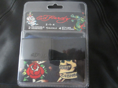 Ed Hardy Adjustable Canvas Belt Set of 2 Reversible Webbings & 1 Buckle