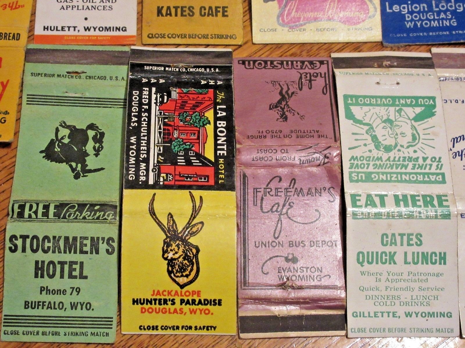 12 diff WYOMING vintage matchbook covers, Jackalope Wigwam Bakery some old ones