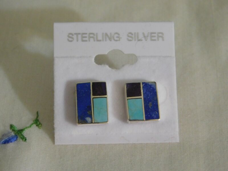 Native American Inlaid Turquoise Lapis Onyx Sterling Silver Earrings 925
