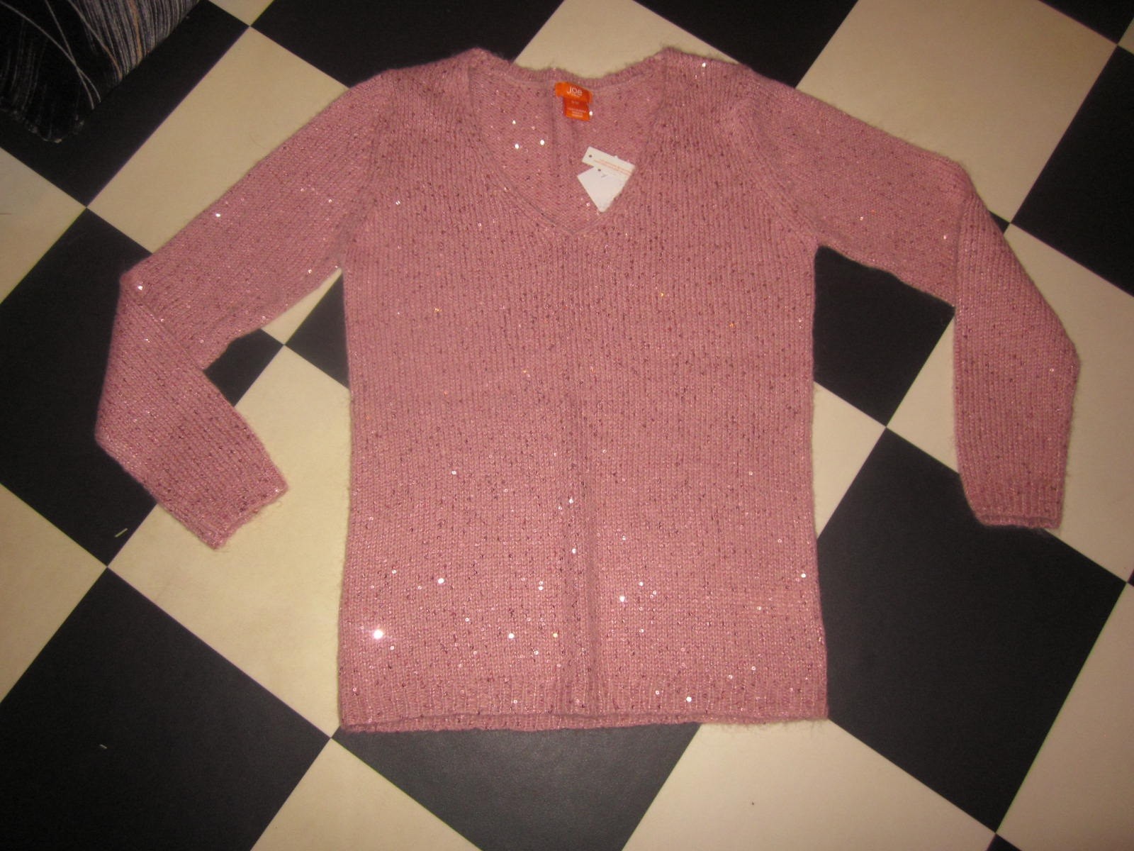 Joe Fresh NWT Pink sequin Wool Mohair V neck Pullover tunic sweater jumper Top S