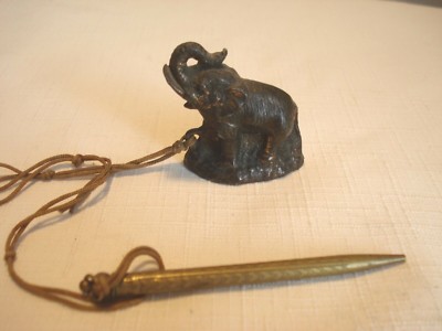Vintage Solid Brass Elephant Figurine With Attached Lead Pencil- Japan
