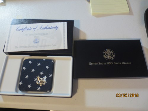 1991 USO proof commemorative silver dollar w/ box, case & COA c