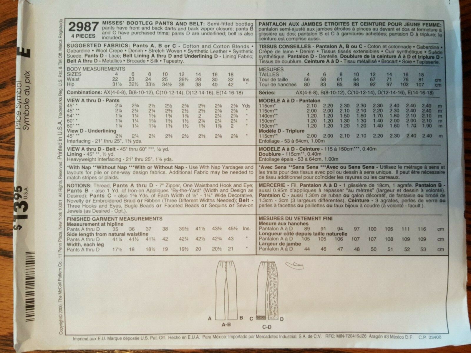 VINTAGE UNOPENED McCALLS PATTERN MISSES BOOTLEG PANTS SIZE 8-10-12 # 2987