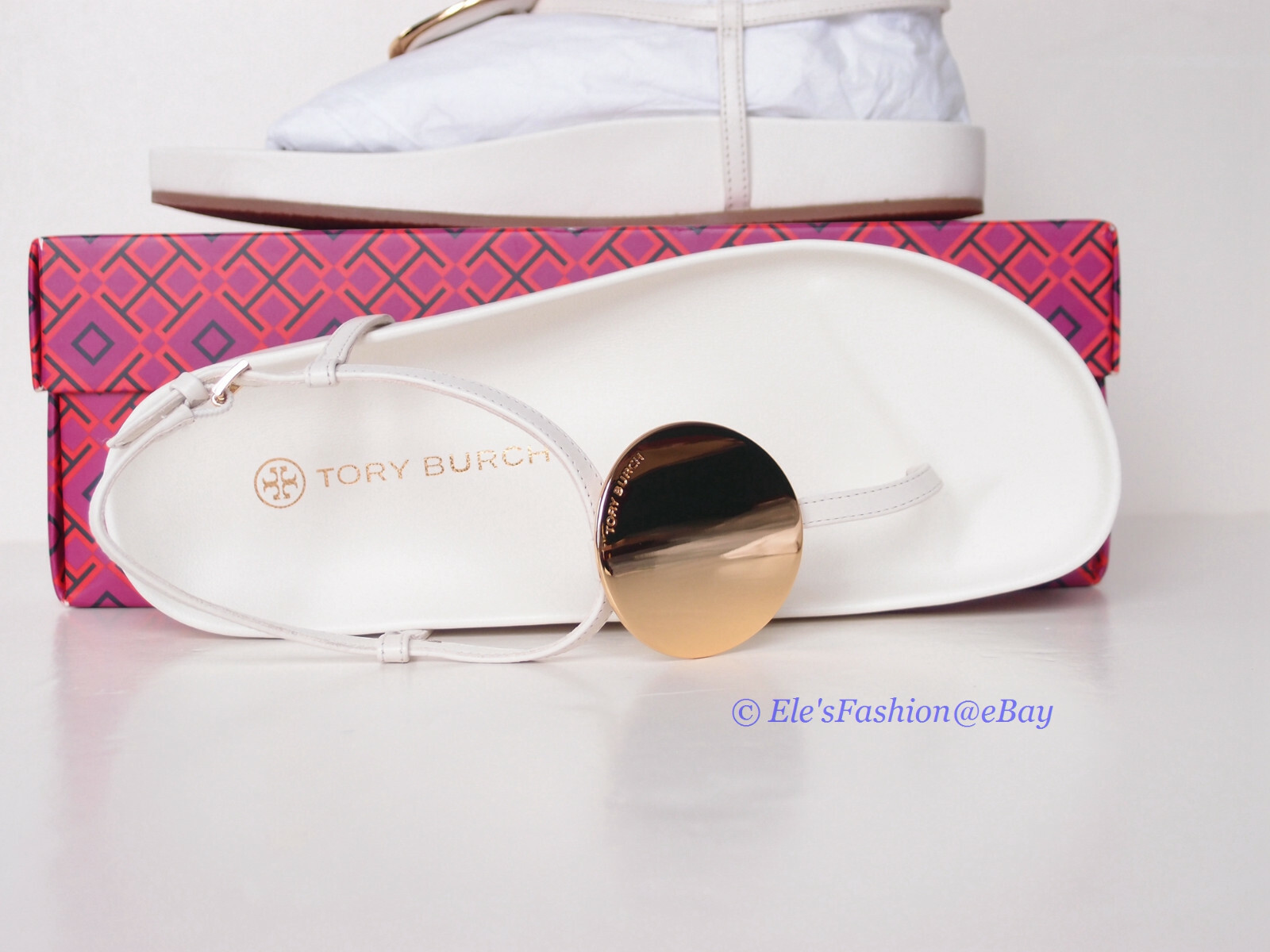 Pre-owned Tory Burch Patos Disk Thong Cloud Leather Sandal Ivory Us 9 Authentic In White