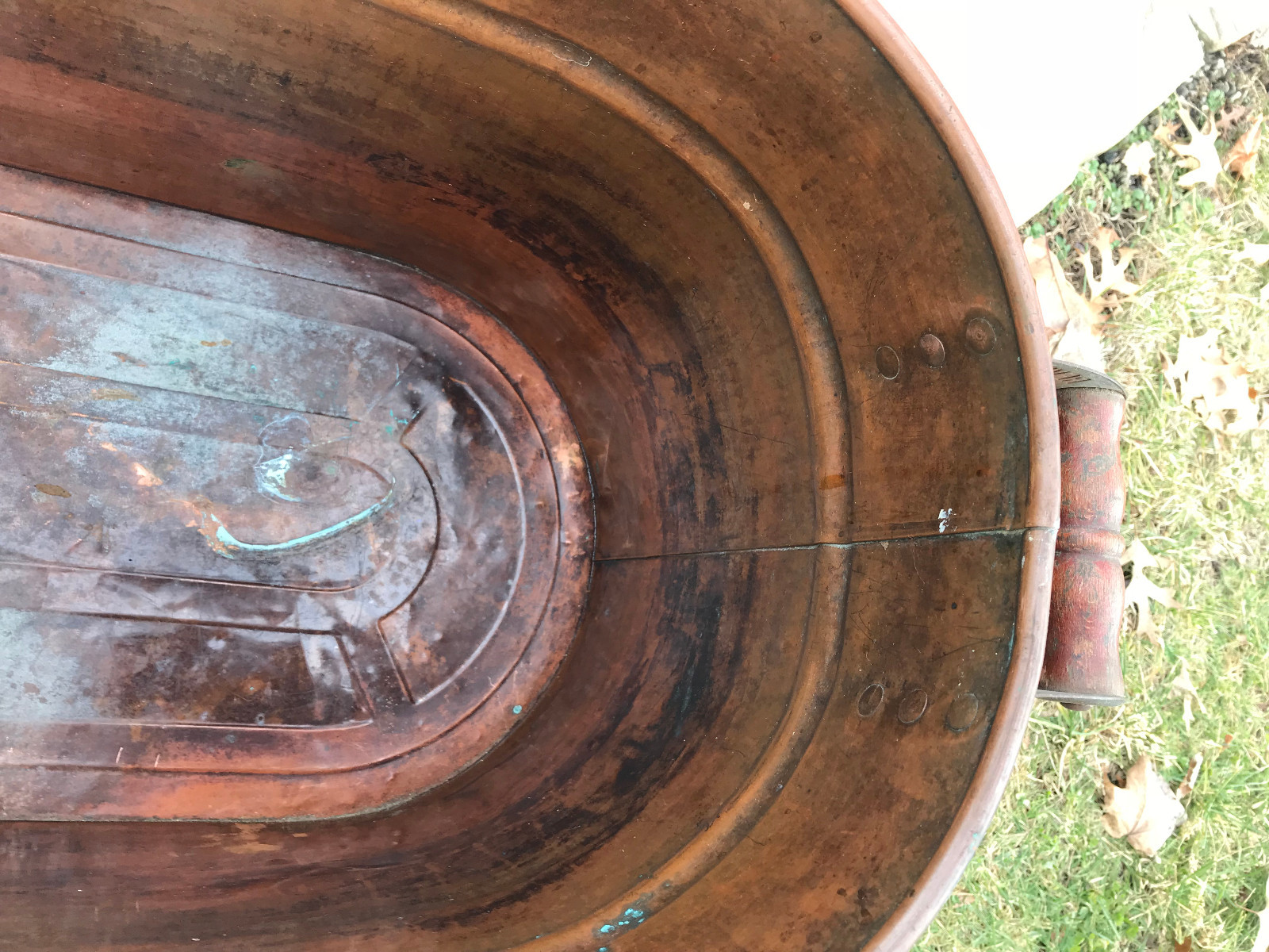 Old Revere Unpolished Copper Boiler / Wash Tub, Red Wooden Handles, Free S/H