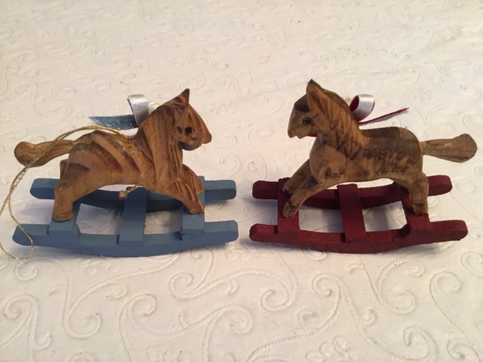 Two Hand Carved Crafted Wooden Miniature Rocking Horses