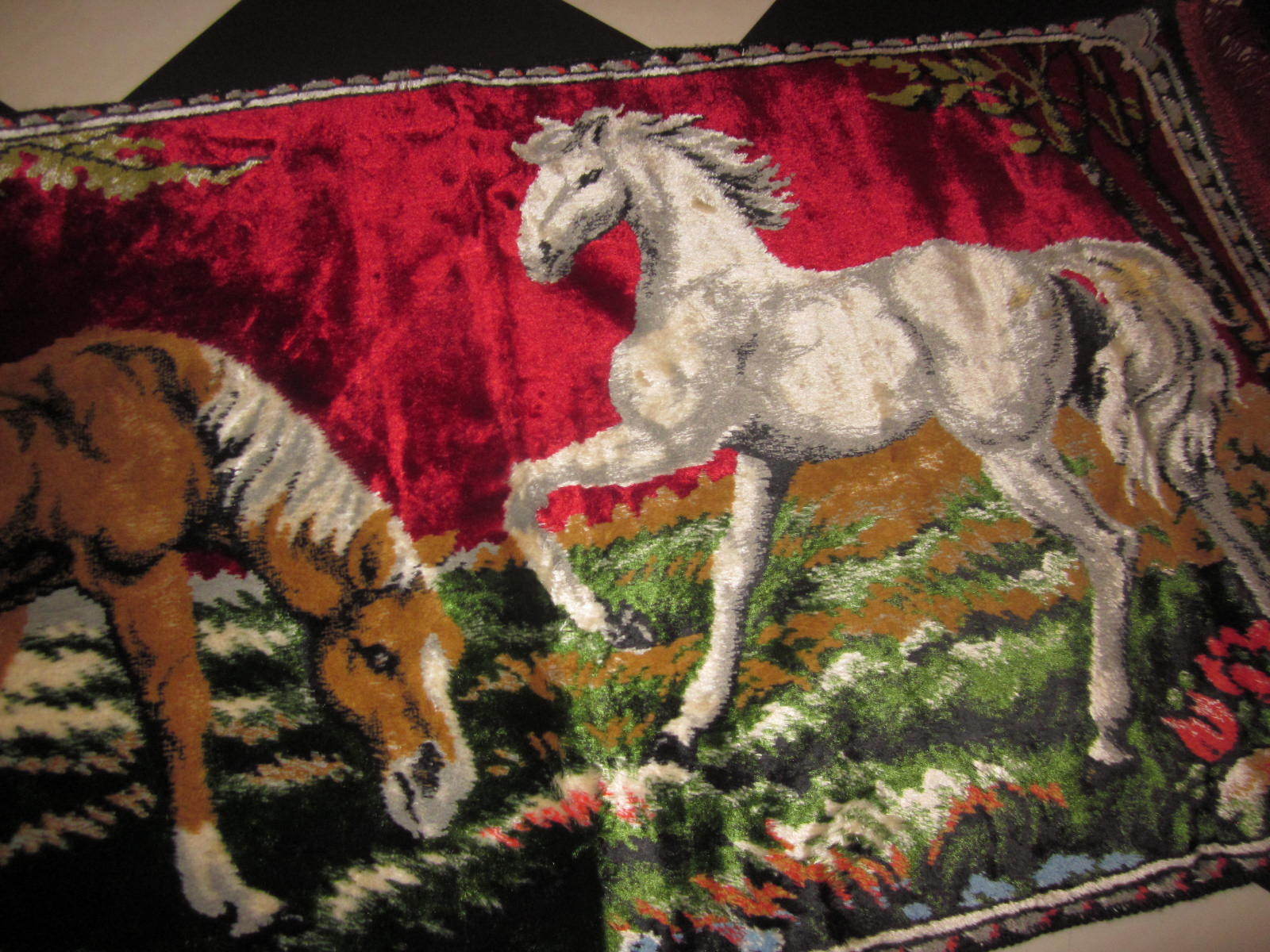 Vintage 60s 70s HORSE TAPESTRY RED throw Rug Wall Hanging carpet art Retro