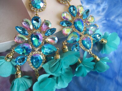  MASSIVE AQUA GREEN STATEMENT RHINESTONES GEMSTONES PETALS TASSEL EARRINGS 