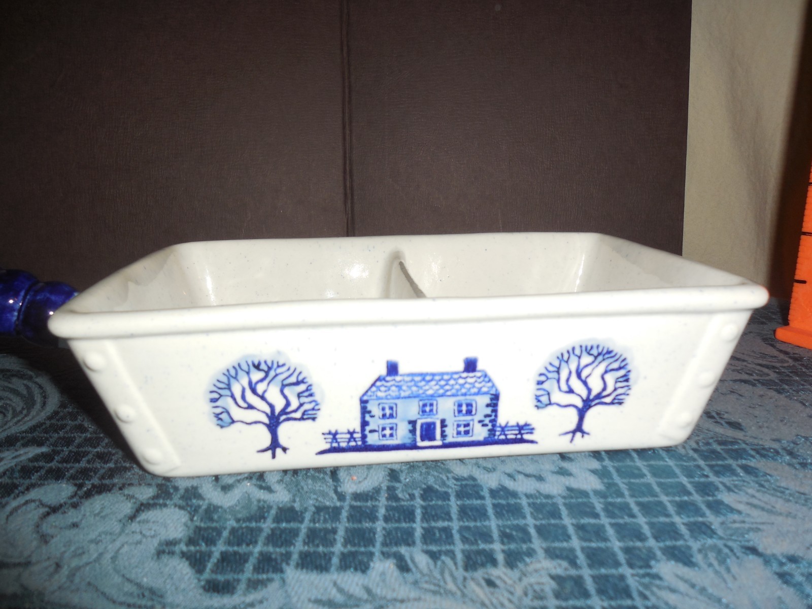 VTG POPPYTRAIL BY METLOX DIVIDED SERVING DISH WITH HANDLE HOUSE TREE DESIGN EUC