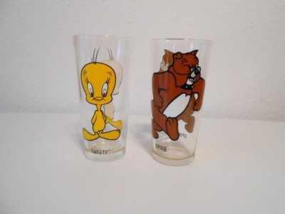 2-Pepsi Collector Glasses- Warner 1973 Tweety Bird & MGM 1975 Spike, Thick Glass