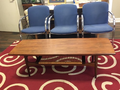 Jens Risom Walnut Coffee Table With Wicker Shelf