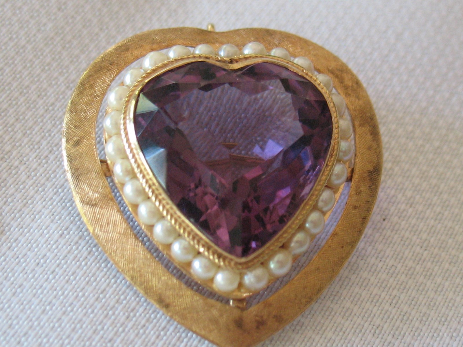 Beautiful 14K Gold Amethyst & Pearl Large Heart Brooch / Pendant with 24