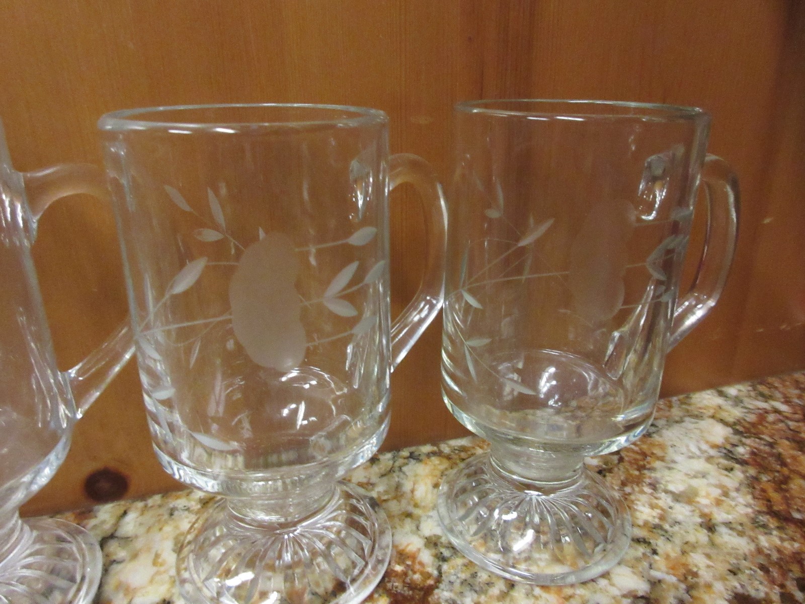 Princess House Heritage Set 4 clear glass Irish Coffee cup footed mug Etched